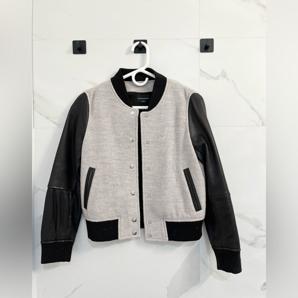 Club Monaco Gray And Black Wool And Leather Varsity Bomber Jacket